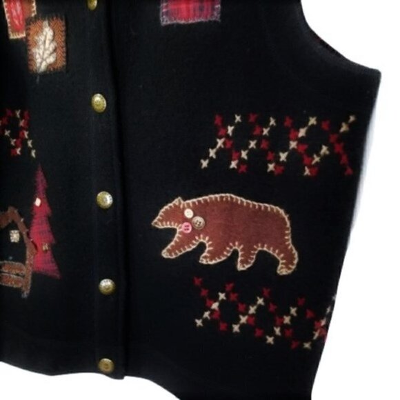 Vintage 80s Black WOOLRICH Navajo Red Bear Patch Oversized 100% Wool Vest - Picture 2 of 7